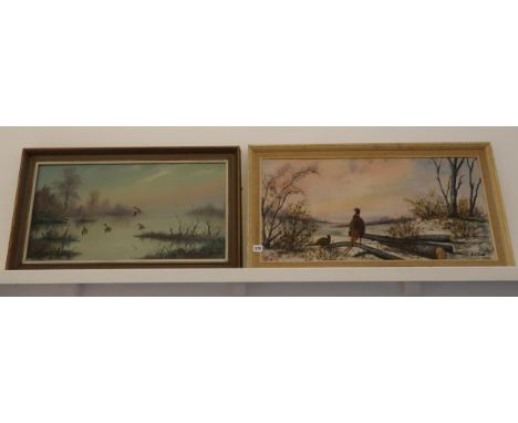 R J Scott - Oil on board - Pheasant in a Winter Landscape - 74cm x 36cm - along with an R J Scott - Oil on Board - Waterfowl 