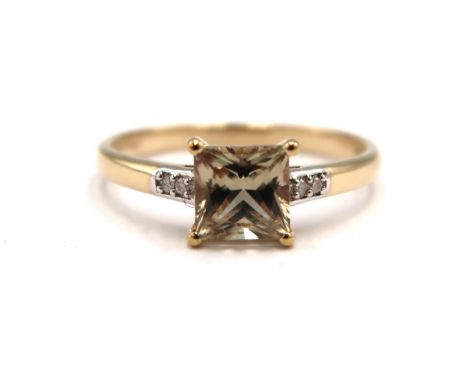 A 9ct yellow gold square cut diaspore with diamond shoulders ring, head size approx 7mm x 7mm, size R/S