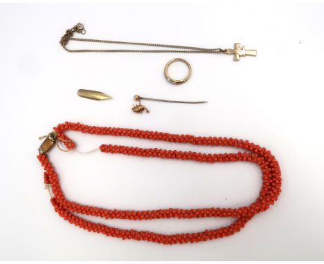 A group of vintage jewellery including a 9ct gold emu pendant on stick pin, a double strand of vintage coral, a plated ring a