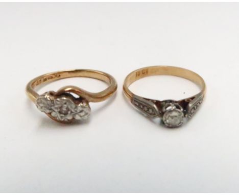 A vintage 18ct gold and diamond solitaire ring, the stone of approximately 0.06ct, ring size L, 1.8g and a 9ct gold and diamo