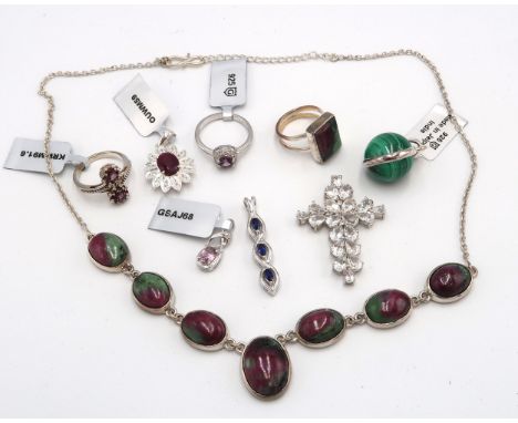 A collection of silver items to include a ruby-zoisite necklace and ring, size K. Two  spinel and zircon pendants and three p