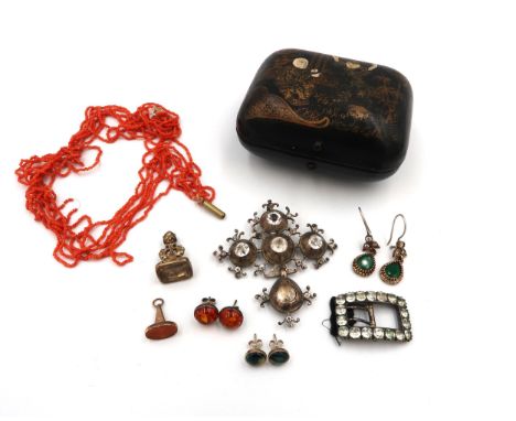 A group of vintage jewellery including a late Victorian crystal set cross pendant, an Art Deco buckle, a pair of silver and a