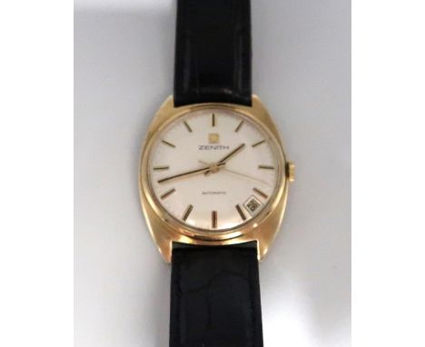 A gent's Zenith 9ct gold automatic wristwatch having a baton numeral dial on champagne coloured face with date between 4 and 