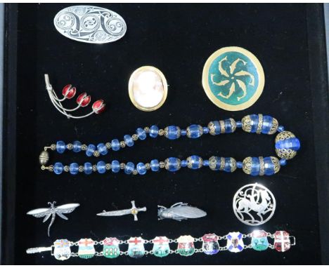 A group of silver and vintage costume jewellery, including a Canadian flag emblem bracelet, a Scottish dirk brooch set with a