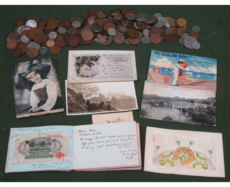 Sundry lot including various coinage, scrap book, plus vintage postcards 