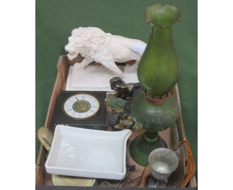 Sundry lot including ceramics, bust of a Lion, slate clock, oil lamp etc 