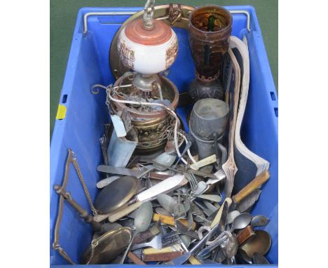 Mixed lot including flatware, oil lamp. glassware etc 