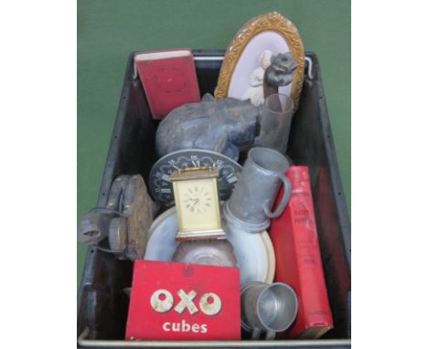 various sundries including treen elephant, mixing bowl, Oxo tin, clock, bellows etc 