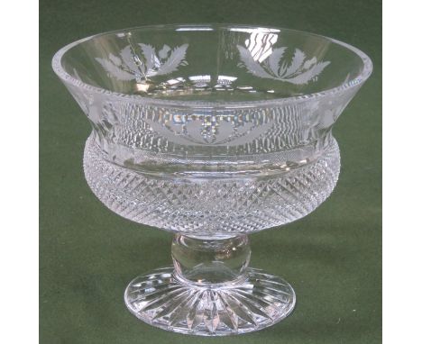 Edinburgh crystal etched thistle pattern stemmed melba bowl. 17cm H x 21cm Diameter 