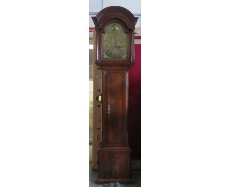 18th/19th century Oak and Mahogany cased longcase clock, with brass dial by Warburton. Approx. 223cm H x 49cm W x 25cm D 