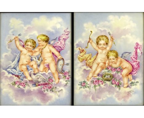 Pair of Vintage hand painted porcelain plaques "Cherubs" Signed G. Chonez. Good condition. Measures 11-1/2 inches by 9-1/2 in