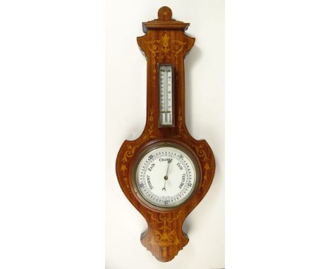 Edwardian Satinwood Inlaid Barometer With Thermometer. Signed British Made. Good Condition. Measures 28-1/2 Inches Height, 11