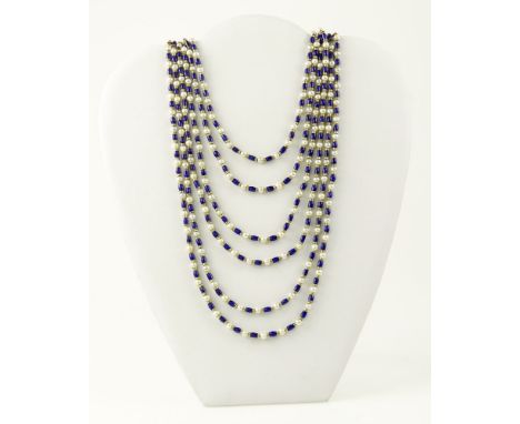 Very Finely Made and Heavy 18 Karat Yellow Gold, Pearl and Enamel Six (6) Strand Necklace, Clasp Accented with Small Round Cu