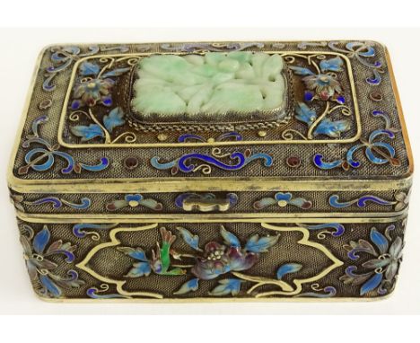 Mid 20th Century Chinese Silver Box, Embellished with Enamel Decoration and Inset Mottled Green Carved Jade Plaque. Gold Wash