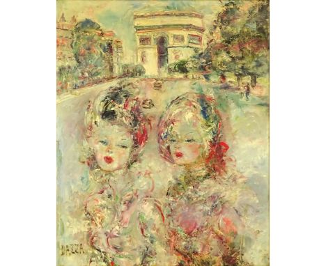 Dazza, (20th Century) Oil on Canvas, "Champs Elysees Girls". Signed Lower Left. Good Condition or Better. Measures 30 Inches 