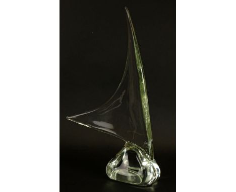 Daum Style Clear Art Glass Sail Boat Sculpture. Artist Signed on Bottom (Illegible). Good Condition. Measures 22 Inches Tall,