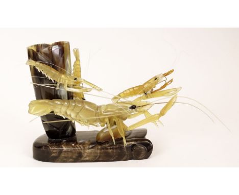 Vintage Chinese carved horn shrimp sculpture. Paper labels to base otherwise unsigned. Good condition or better. Measures 5-3