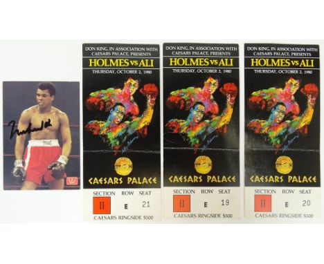 Set of Three (3) 1980 Ticket Stubs Plus Autographed Card from Holmes and Ali Fight October 2, 1980 Caesars Palace Las Vegas. 