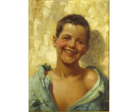 Antonio Vallone, Italian (20th century) oil on canvas board, portrait of young boy. Signed lower left. Good condition or bett