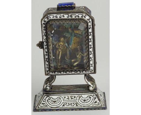 Renaissance style Enamel and Silver Miniature "Adam and Eve". Unsigned. Small Losses to Enamel and to Top Otherwise Good Cond
