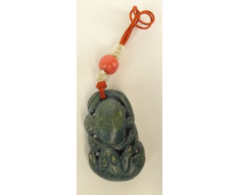 Antique Chinese Carved Blue Jade Pendant. Depicts a Frog. Red Coral Bead. Unsigned. Good Condition. Measures 1-1/2 Inches, wi