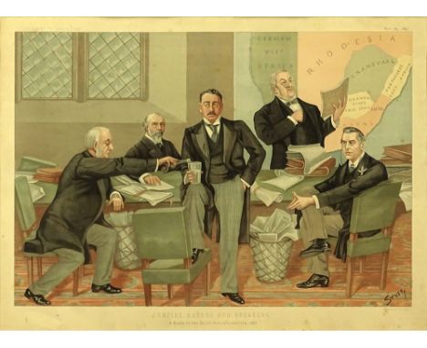 Circa 1897 color lithograph, Supplement to Vanity Fair,  "Empire Makers and Breakers: A Scene at the South Africa Committee 1