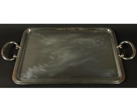 Christofle Silver Plate "Albi" rectangular Tray With Handles. Original Anti-Tarnish Bag Included. Signed Christofle France. L