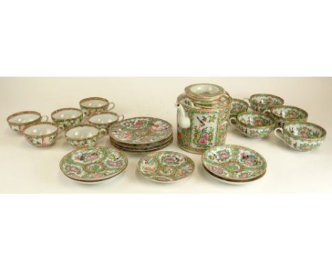 Thirteen (13) piece Rose Medallion Chinese Import Porcelain Partial Tea Service. This Lot includes 5 Cups 1-3/4 Inches Tall. 