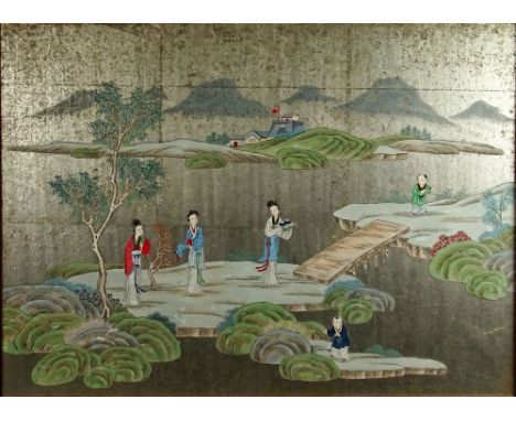 Vintage 1960's Hand Painted Asian Gouache on Silvered Tea Paper Mounted on Masonite. Unsigned. Tears Lower Right, Light Wear.