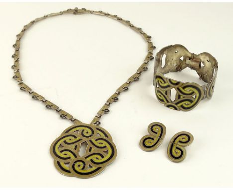 Margot de Taxco, Mexican mid 20th century three piece silver and enamel jewelry suite including pendant necklace, bracelet an