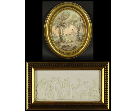Vintage Wedgwood Style Bisque Relief Plaque, unsigned, good condition, measures 9-1/2 inches by 5 inches. Included in the lot