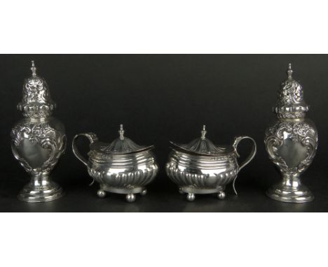 Two (2) Pair English Sterling Silver Table wares. The Lot includes Two (2) Lidded Salts, One With Cobalt Glass Liner, Signed 