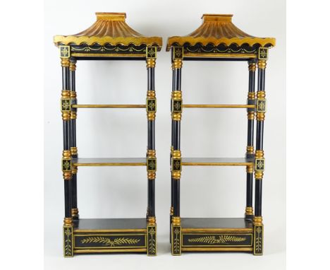 Pair of Vintage Painted Wood Pagoda Style Étagères/Display Cabinets. Unsigned. Minor Wear or in Good Condition. Measures 30 I