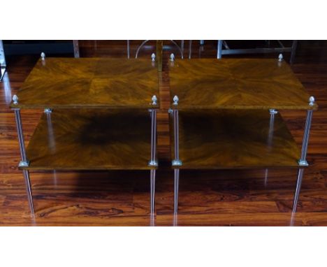 Pair Vintage Burled Wood and Silvered Metal 2 Tier End Tables. Pineapple Finials. Unsigned. Typical Wear and Rubbing, scuffs 