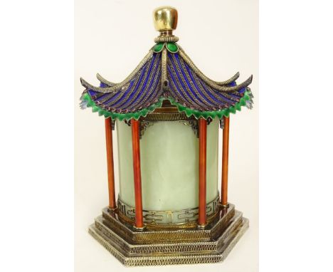 Mid 20th Century Chinese Silver, Jade and Enamel, Temple Style Box. Stamped Silver. Good Condition. Measures 6-1/2 Inches Tal