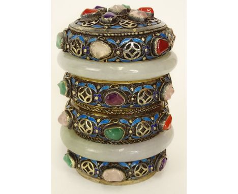 Mid 20th Century Chinese Gold Washed Silver, Jade and Enamel, Cylinder Box. Stamped Silver. Good Condition. Measures 4 Inches
