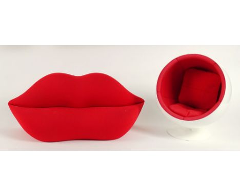 Vintage miniature mid-century modern Ball/Globe Chair and Red Lips Sofa. Unsigned. Good condition. Chair Measures 7-1/2 Inche