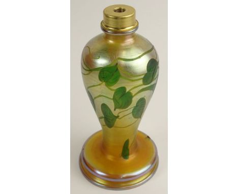 Antique Tiffany Favrile Iridescent Glass Lamp Base. Gold Luster Decorated with Leaf and Vine Motif. Signed L.C.Tiffany Favril