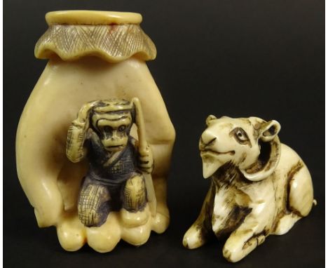 Lot of Two (2) Japanese Carved Ivory Figural Animal Netsukes. Both Signed With Character Marks. Good Condition. This item wil