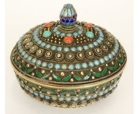 Mid 20th Century Chinese Gold Washed Silver, Mixed Stone and Enamel Box. Stamped Silver. Good Condition. Measures 3 Inches Ta