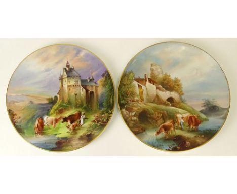 Pair of Vintage Hand Painted Porcelain Chargers. "Pastoral Scenes" Unsigned. Light Scratches and Wear. Measures 14-1/4 Inches