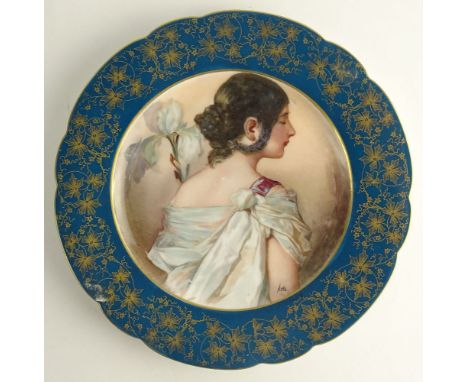 Limoges Hand Painted Porcelain Portrait Plate. "Beauty In Profile" Artist Signed and Marked with Limoges Mark on Back. Good C