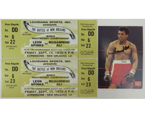Set of Two (2) 1978 Ticket Stubs Plus Autographed Card from Leon Spinks and Muhammad Ali Fight September 15, 1978, Superdome,