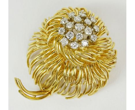 Lady's vintage approx. 2.0 carat round cut diamond and 18 karat yellow gold brooch. Diamonds H-I color. VS clarity. Signed 18