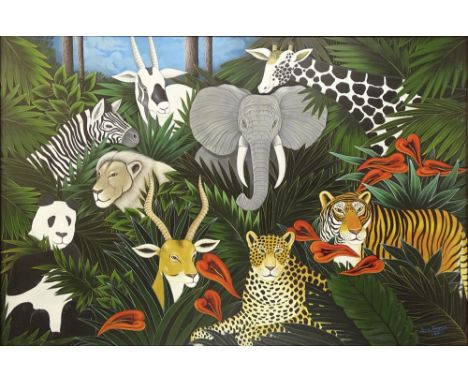 Louis Jacques, Hattian (20th C) Oil on Canvas "Jungle Animals" Signed Lower Left and dated '93. Good Condition. Measures 40 I