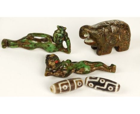 Lot of Ancient and Antique Hardstone Items. This Lot Includes a Pair of old Tibetan Dzi Beads , One with 9 eyes, the other wi