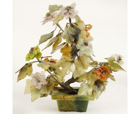 Vintage Chinese Jade and Hard Stone Ming Tree. Unsigned. Good Condition. Measures 13 Inches Tall, 13 Inches Wide. Shipping $1