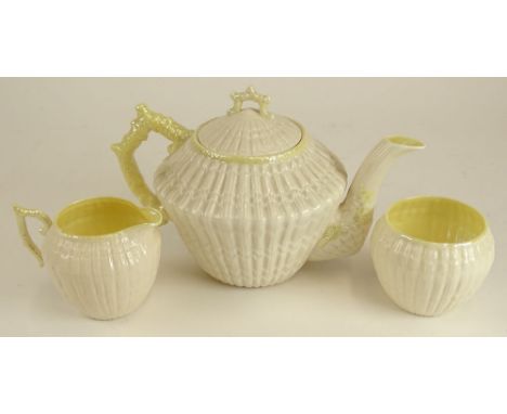 Vintage three (3) piece Irish Belleek porcelain tea service including tea pot, cream pitcher and open sugar bowl. Signed. Los