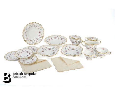 Part Royal Crown Derby tea set, 'Royal Antoinette' pattern, composed of a milk jug, two covered sugar bowls, two cups and sau