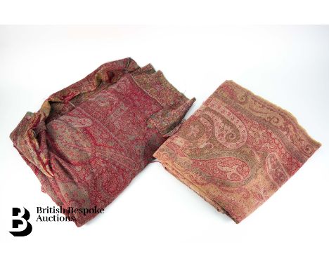 19th century cotton woven throw, paisley design, with unfinished selvedges, approx 130 x 330 cms, lime green brown red colour